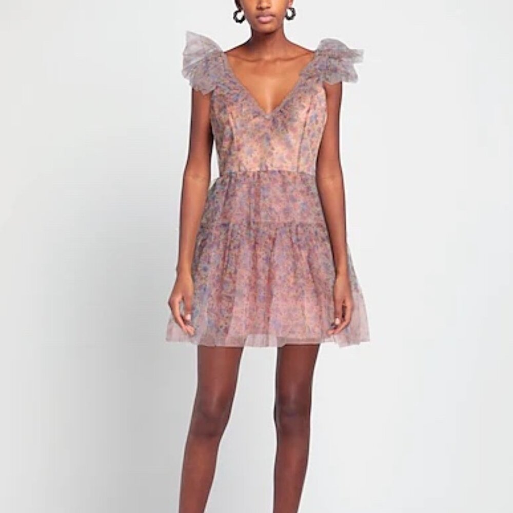 NWT | DX Collection Tulle Tiered Mini Trapeze Deep V Neck Pink Purple Medium